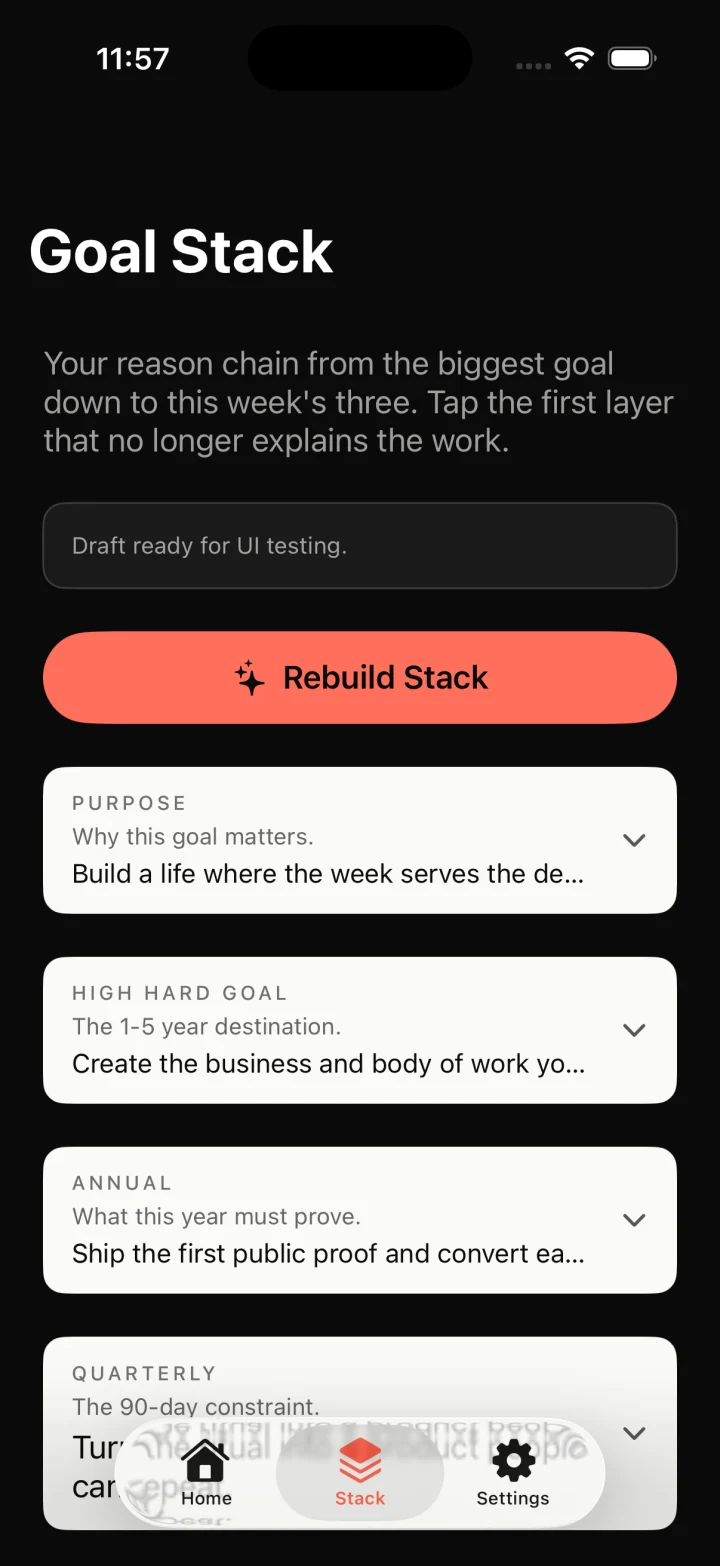 Ocho Goal Stack screen showing the reason chain from purpose to this week.